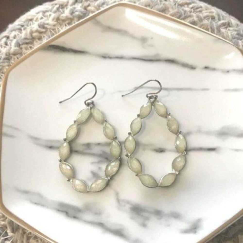 Women's White Jeweled Tear-Drop Hoop Earrings‎ Classic Elegant Simple